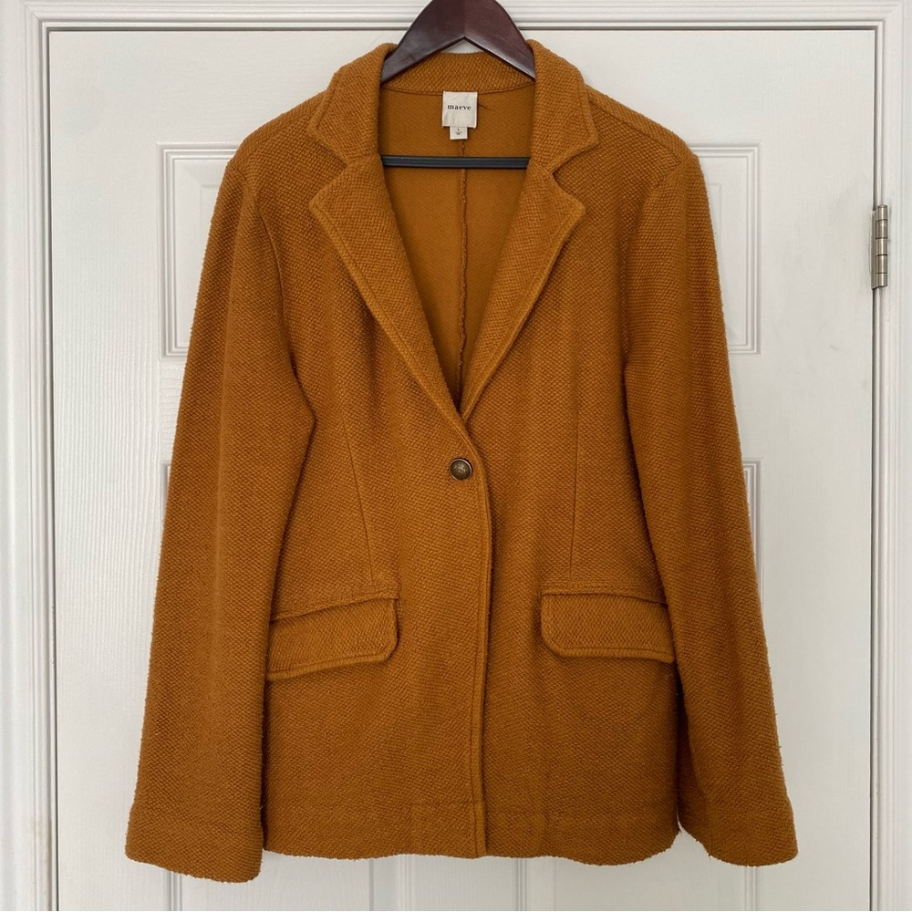 Anthropologie Maeve Textured Single Button Relaxed Blazer - Mustard Brown Size L - Picture 4 of 17